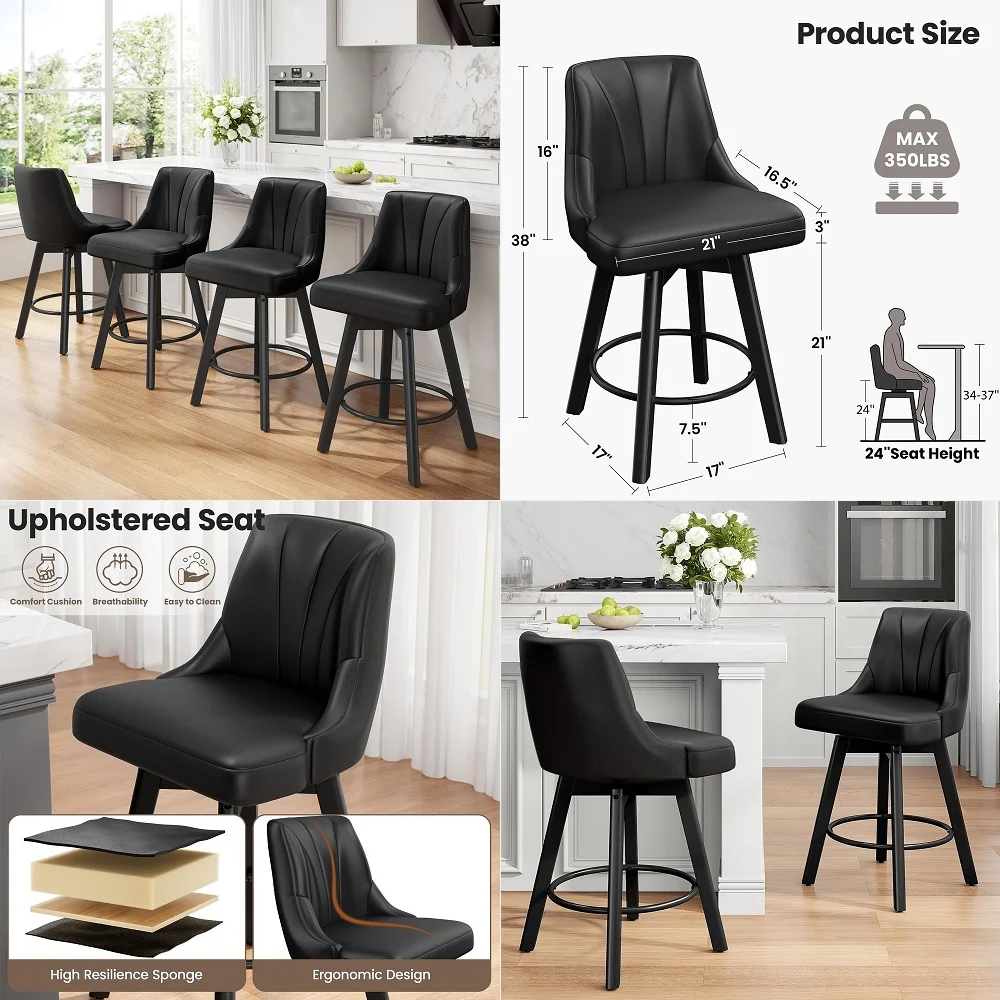 Counter Height Swivel Bar Stools, 24inch Upholstered PU Leather Barstools Set of 4, Counter Stool Chair with Back amp Solid Woo
Counter Height Swivel Bar Stools, 24inch Upholstered PU Leather Barstools Set of 4, Counter Stool Chair with Back amp Solid Woo