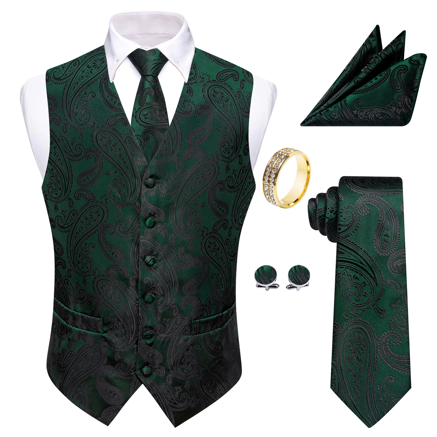 Dark Green Paisley V-Neck Waistcoat 5-In-1 Set Tie Pocket Square Cufflinks Gold Rhinestone Ring For Groom Anniversary Dinner
Dark Green Paisley V-Neck Waistcoat 5-In-1 Set Tie Pocket Square Cufflinks Gold Rhinestone Ring For Groom Anniversary Dinner