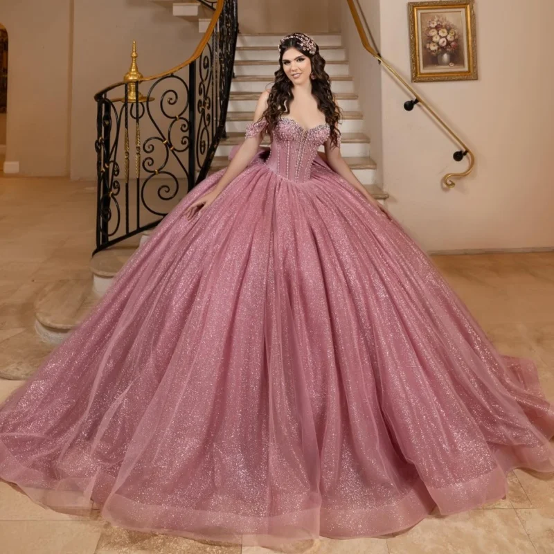 Pink Shiny Quinceanera Dresses Ball Gown Off The Shoulder Beading Crystal Bow Tull Party Birthday Sweet 16 Dress Vestidos 15Anos
Pink Shiny Quinceanera Dresses Ball Gown Off The Shoulder Beading Crystal Bow Tull Party Birthday Sweet 16 Dress Vestidos 15Anos