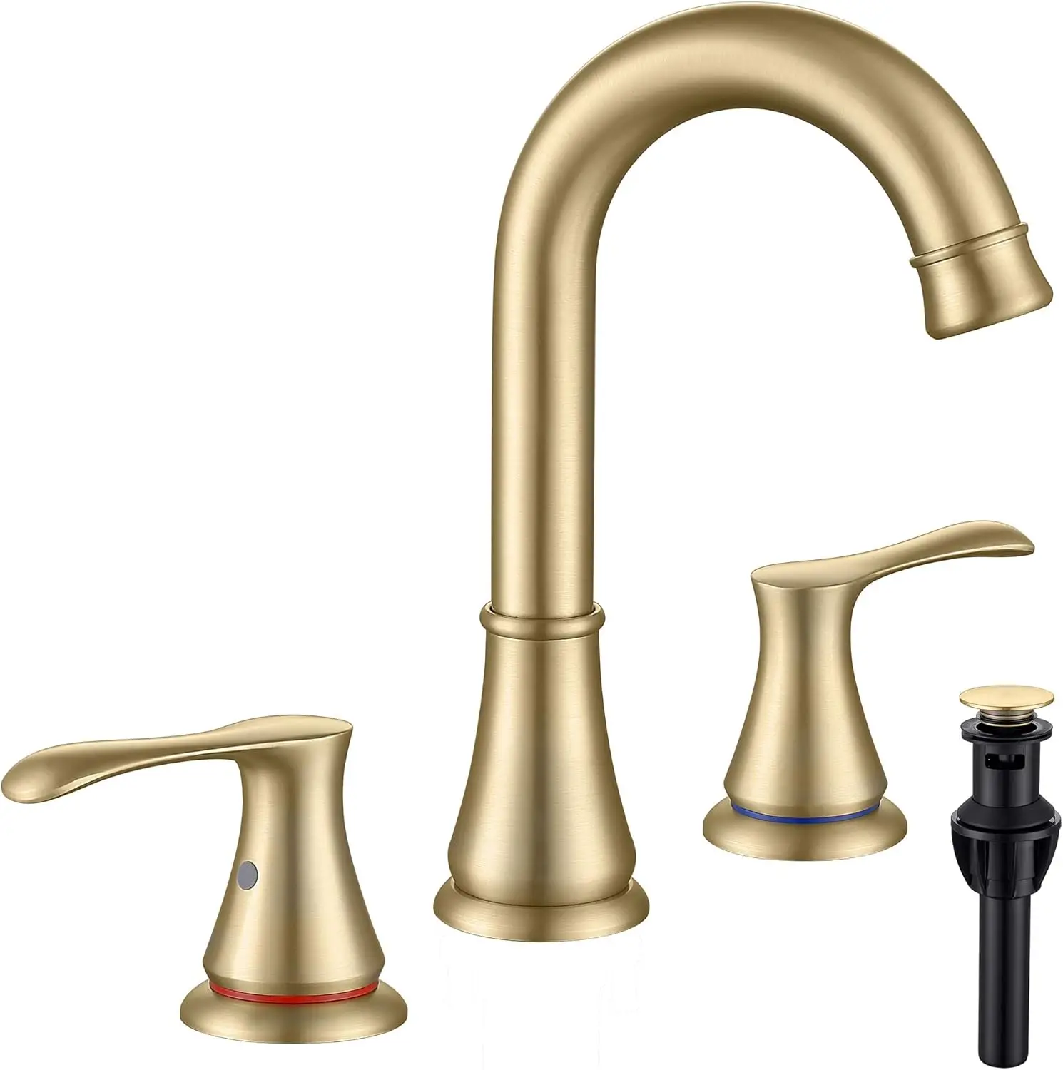 Brushed Gold 8 Inch Widespread Bathroom Sink Faucet with Pop Up Drain, 3 Hole Installation, cUPC Certified
Brushed Gold 8 Inch Widespread Bathroom Sink Faucet with Pop Up Drain, 3 Hole Installation, cUPC Certified
