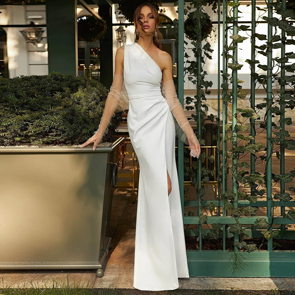 Sheath/Column Women's Wedding Dresses Long Crepe Fabric Wedding Party Dress Ivory One-shoulder Pleat Side Split Wedding Dress
Sheath/Column Women's Wedding Dresses Long Crepe Fabric Wedding Party Dress Ivory One-shoulder Pleat Side Split Wedding Dress