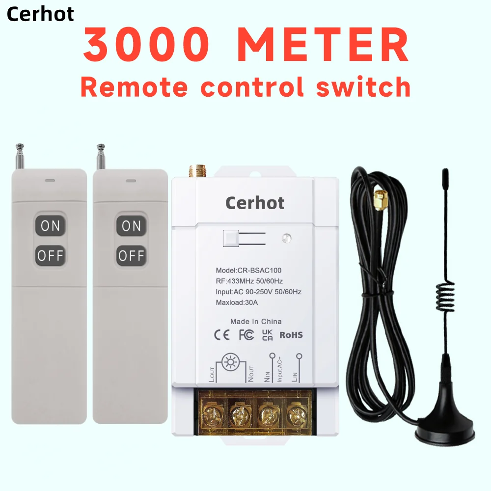 Cerhot Wireless Remote Control Switch On-off High-power 30A Wide-voltage AC 85-265V Long-distance RF433 Remote Control 3000M
Cerhot Wireless Remote Control Switch On-off High-power 30A Wide-voltage AC 85-265V Long-distance RF433 Remote Control 3000M
