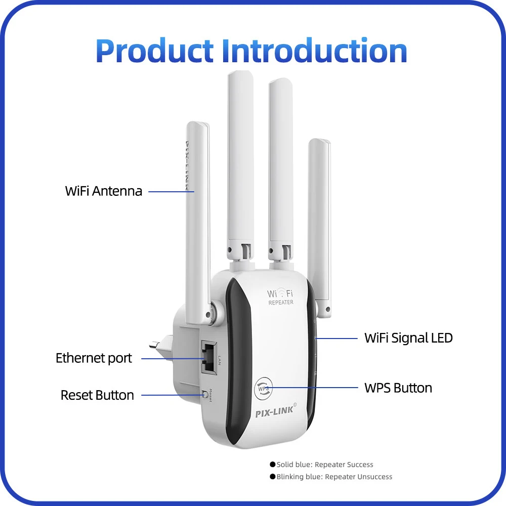PIX-LINK WR43 300Mbps WiFi Repeater Wireless Router AP 4 Antennas 2.4GHz Signal Extender Booster for Home Office Wall Penetratio
PIX-LINK WR43 300Mbps WiFi Repeater Wireless Router AP 4 Antennas 2.4GHz Signal Extender Booster for Home Office Wall Penetratio