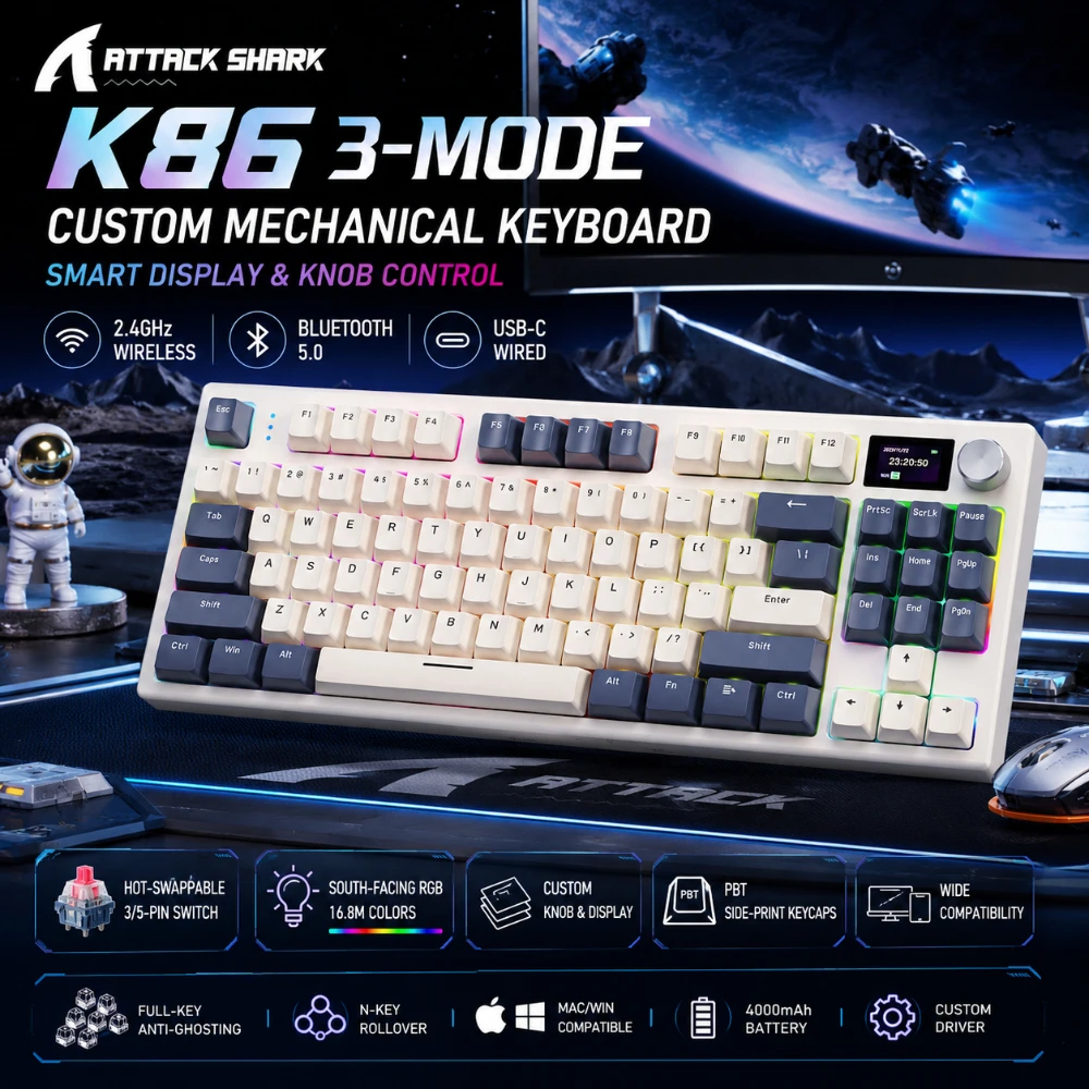 Attack Shark K86 Tri-Mode Wireless Mechanical Keyboard | RGB, Hot-Swappable, Metal Knob, TFT Display & Macro Support
Attack Shark K86 Tri-Mode Wireless Mechanical Keyboard | RGB, Hot-Swappable, Metal Knob, TFT Display & Macro Support