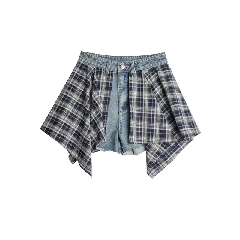 Summer New Plaid Splicing Denim Shorts Women's High Waist Straight Leg Pants Asymmetric Vintage Style Casual Wear Blue
Summer New Plaid Splicing Denim Shorts Women's High Waist Straight Leg Pants Asymmetric Vintage Style Casual Wear Blue