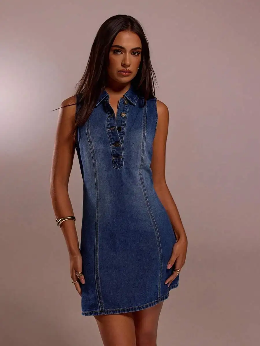 Womens Sleeveless Denim A-Line Mini Dress With Button-Down Collar For Summer
Womens Sleeveless Denim A-Line Mini Dress With Button-Down Collar For Summer