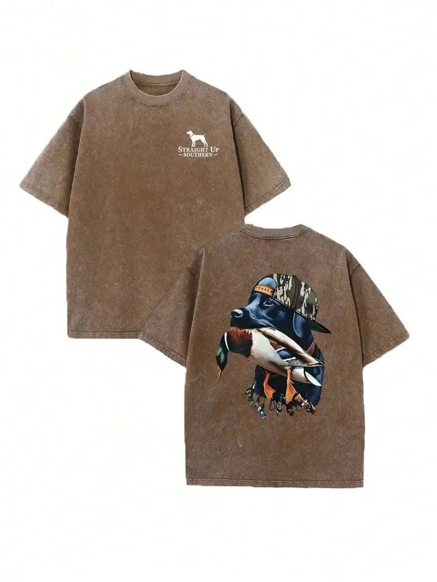 Washed Brown Cotton T-Shirt with Hunting Dog & Duck Graphic, Retro Loose Fit for Summer
Washed Brown Cotton T-Shirt with Hunting Dog & Duck Graphic, Retro Loose Fit for Summer