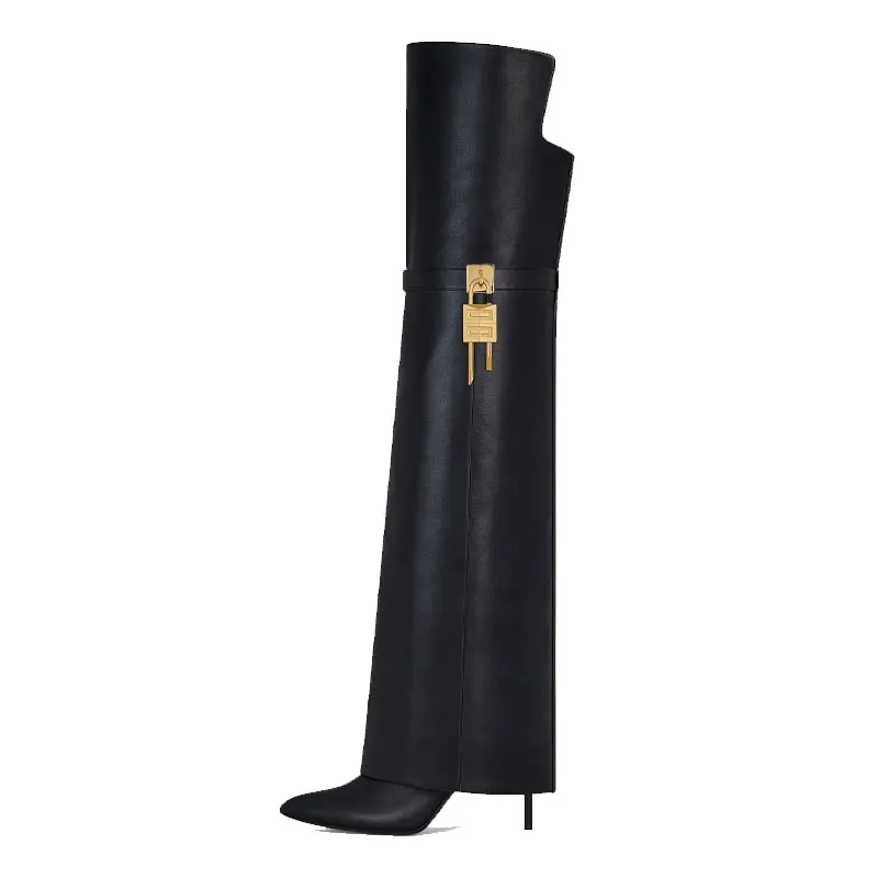 Women's new pointed, ultra-high, slim heel pants with gold buckle and oversized knee length boots
Women's new pointed, ultra-high, slim heel pants with gold buckle and oversized knee length boots