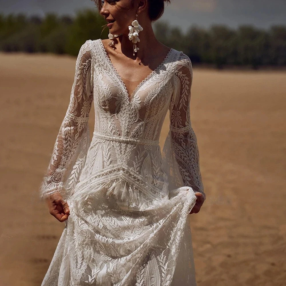 Bohemia Wedding Dresses V Neck Long Flare Sleeve A Line Bride Dress Vintage Beach Bridal Gown Women vestido de novia Customized
Bohemia Wedding Dresses V Neck Long Flare Sleeve A Line Bride Dress Vintage Beach Bridal Gown Women vestido de novia Customized