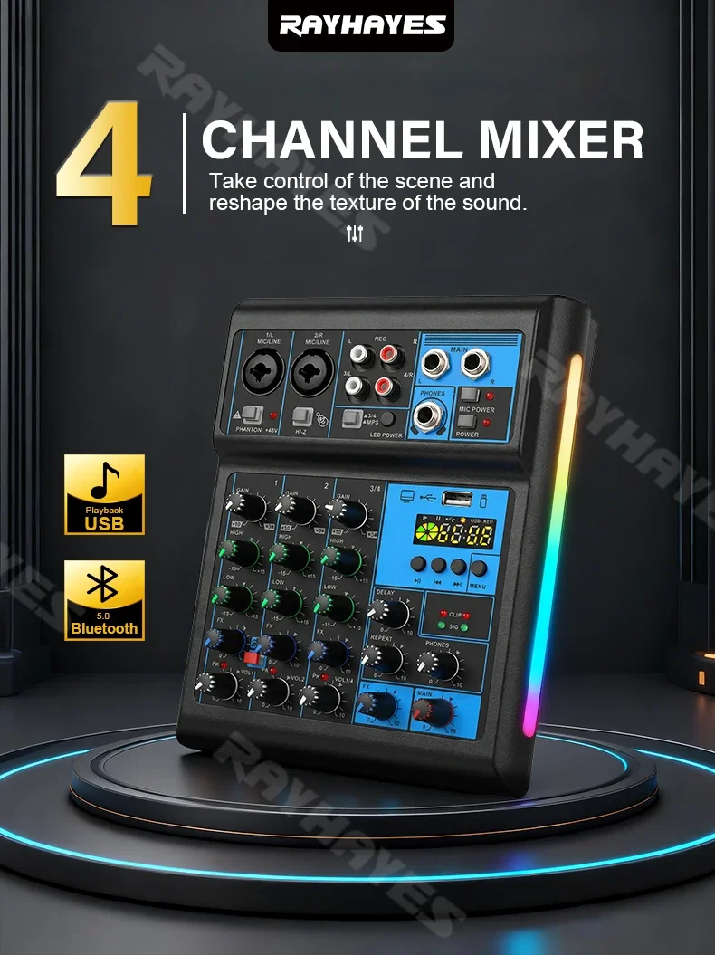 RAYHAYES RMIX-8 Professional 4-Channel Audio Mixer DSP intelligent optimization protects sound quality RGB lighting effects
RAYHAYES RMIX-8 Professional 4-Channel Audio Mixer DSP intelligent optimization protects sound quality RGB lighting effects