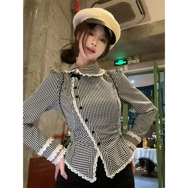 Female Spring Summer Casual Preppy Style Button Plaid Cotton Women Shirts Fashionable Lace Slim Peter Pan Collar Long Sleeve Top
Female Spring Summer Casual Preppy Style Button Plaid Cotton Women Shirts Fashionable Lace Slim Peter Pan Collar Long Sleeve Top