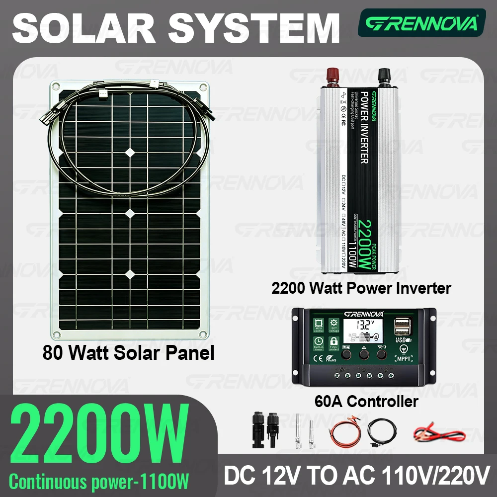 Solar Power System Kit 80W Panel 60A Regulator Inverter (Peak 2200W Continuous 1100W) DC 12V to AC 110V 220V for Home Outdoors
Solar Power System Kit 80W Panel 60A Regulator Inverter (Peak 2200W Continuous 1100W) DC 12V to AC 110V 220V for Home Outdoors