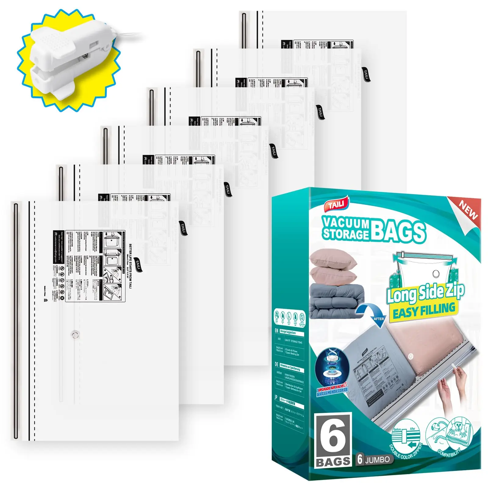 TAILI 6pcs Large Vacuum Storage Bags Long Side Zip for Bedding Towels Blankets Pillows or Clothes-Space Saver Vacuum Seal Bags
TAILI 6pcs Large Vacuum Storage Bags Long Side Zip for Bedding Towels Blankets Pillows or Clothes-Space Saver Vacuum Seal Bags