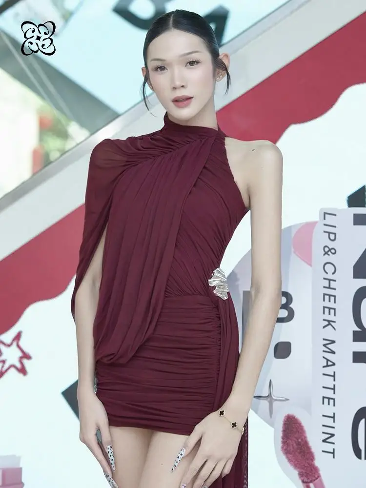 Burgundy Halter Draped Mesh Mini Dress For Women Asymmetric Cape Ruched Sleeve Side Ruched Long Sash Bodycon Party Dress
Burgundy Halter Draped Mesh Mini Dress For Women Asymmetric Cape Ruched Sleeve Side Ruched Long Sash Bodycon Party Dress