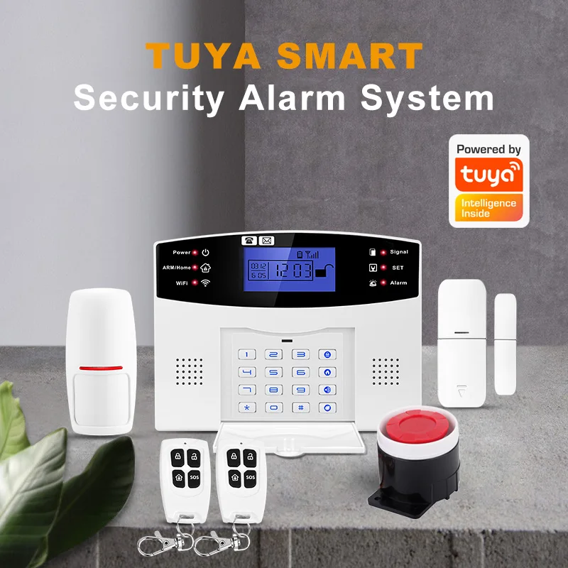 Tuya APP GSM +WIFI Home Security Burglar Alarm System Keyboard Control With PIR Detector Door Alarm Sensor