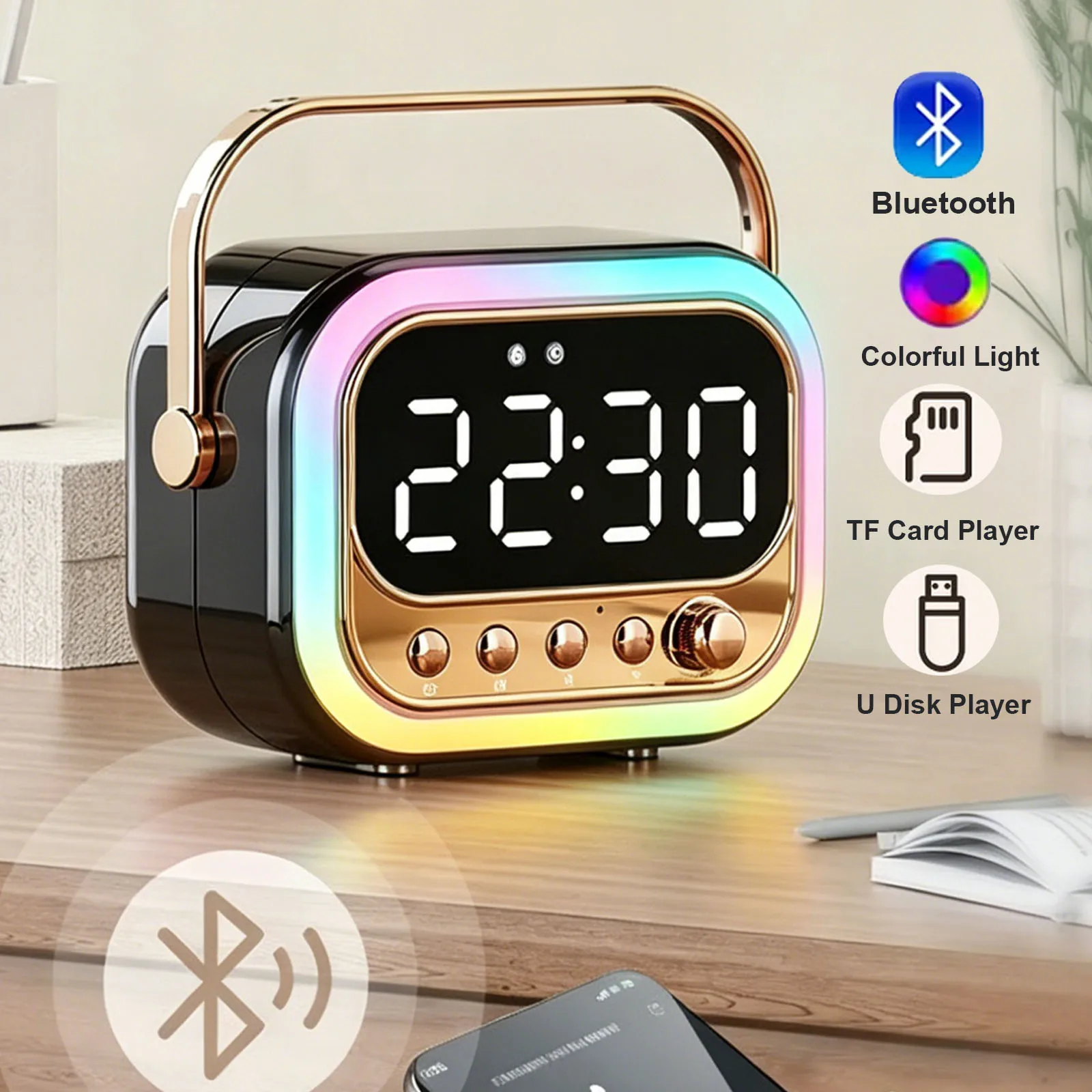 Portable Bluetooth Speaker Alarm Clock with Mirror Display Music Player Colorful Light HiFi Stereo Sound Time Support TF U Disk
Portable Bluetooth Speaker Alarm Clock with Mirror Display Music Player Colorful Light HiFi Stereo Sound Time Support TF U Disk