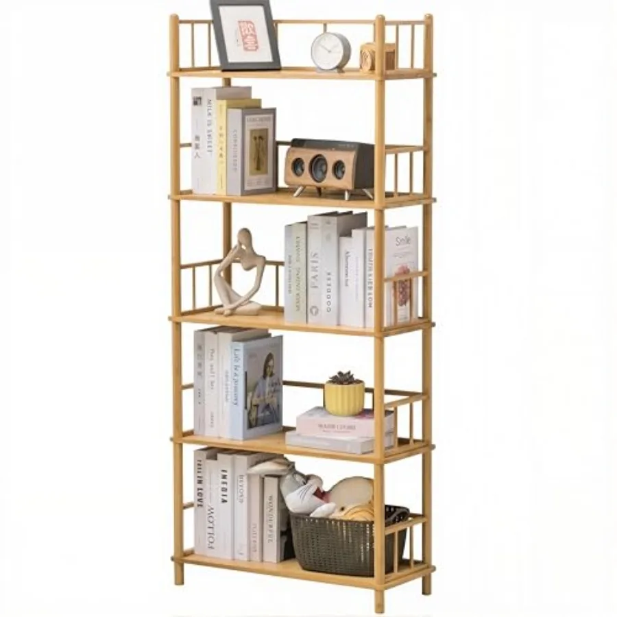 Expandable Bamboo Open Bookcase - No-Tools Assembly Modular Modern Display Bookshelf with Top Edge and Solid Wood Frame for Hom