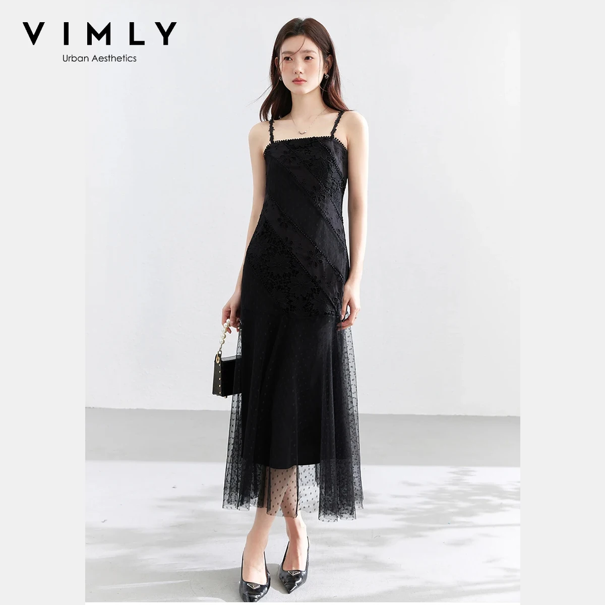 VIMLY Women's Elegant Black Slip Dress 2026 Summer Neew 3D Lace Patch Polka Dot Mesh Hem Asymmetrical A-Line Party Dress 30699
VIMLY Women's Elegant Black Slip Dress 2026 Summer Neew 3D Lace Patch Polka Dot Mesh Hem Asymmetrical A-Line Party Dress 30699