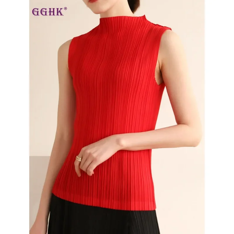 GGHK Miyake Pleated Solid Color High Neck Sleeveless Women T-Shirt Korean Fashion Casual Design Stretchy Loose Tops Summer Women
GGHK Miyake Pleated Solid Color High Neck Sleeveless Women T-Shirt Korean Fashion Casual Design Stretchy Loose Tops Summer Women