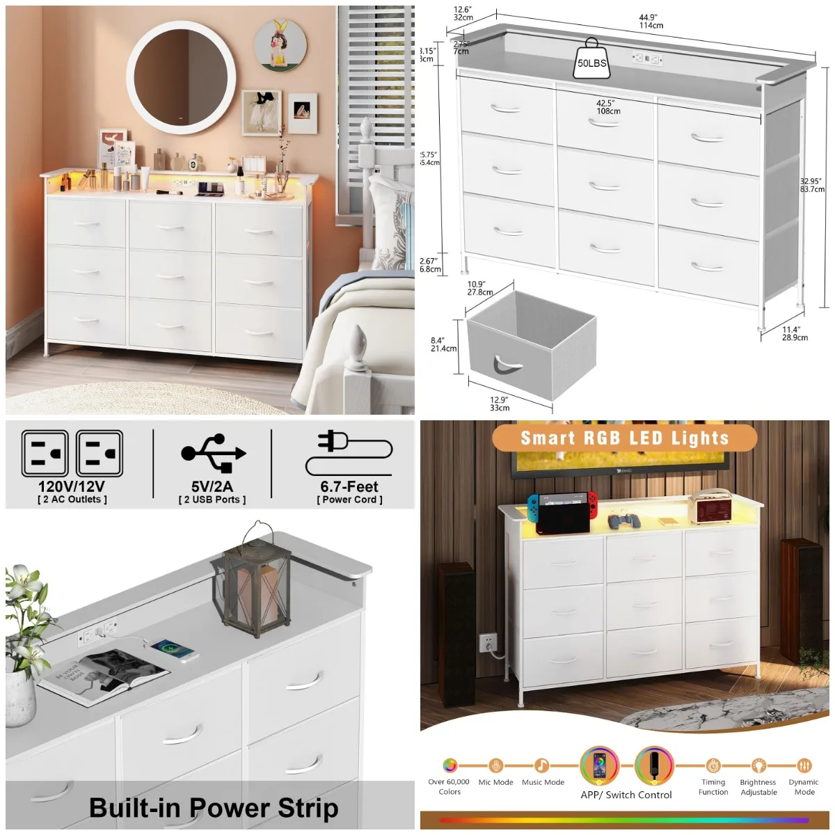 White 9-Drawer Dresser with LED Light & Charging Station, Steel Frame, Wooden Top – Bedroom or Entryway Storage
White 9-Drawer Dresser with LED Light & Charging Station, Steel Frame, Wooden Top – Bedroom or Entryway Storage
