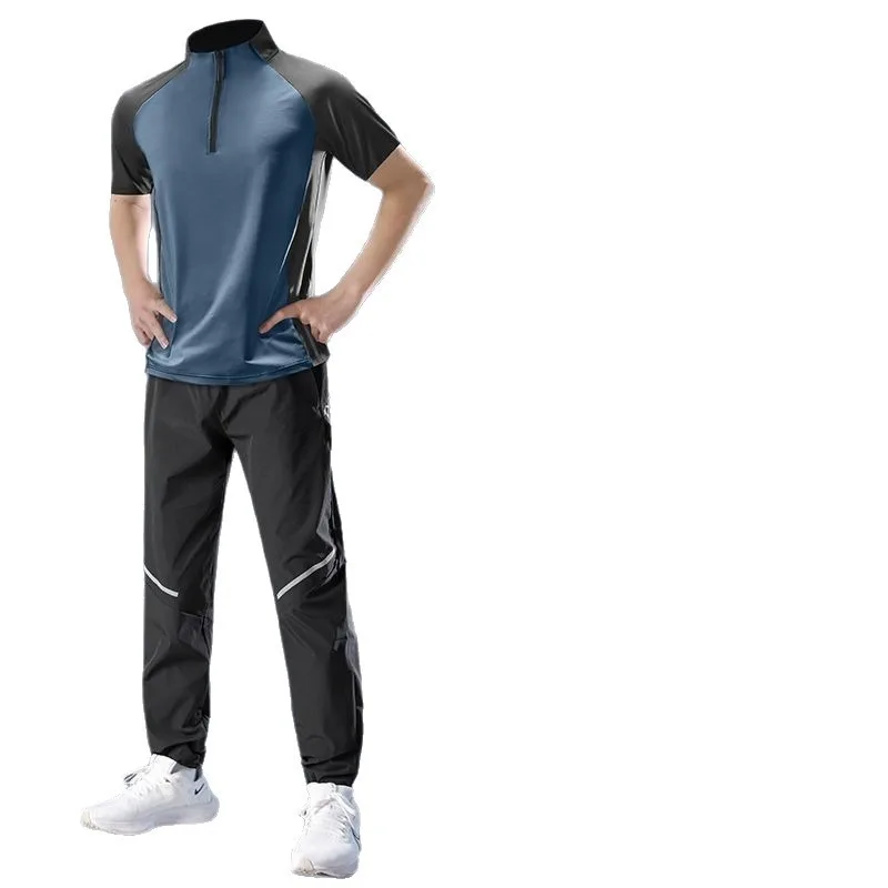 Running sports suit, men's fitness clothes, summer ice silk quick-drying clothes, short sleeves, T-shirt, training trousers.
Running sports suit, men's fitness clothes, summer ice silk quick-drying clothes, short sleeves, T-shirt, training trousers.