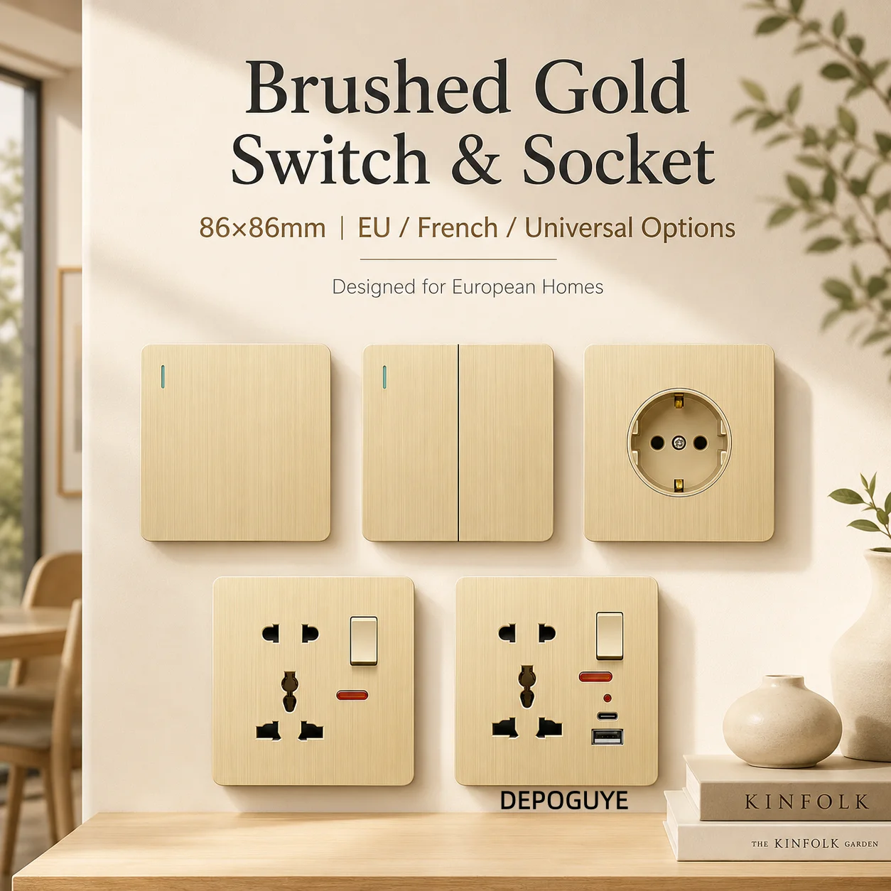 Luxury Brushed Gold Ultra Thin Wall 1/2Way Light Switch Panel,EU FR Wall Power Outlet,UK Universal 3Pin USB C Socket AC 110-250V
Luxury Brushed Gold Ultra Thin Wall 1/2Way Light Switch Panel,EU FR Wall Power Outlet,UK Universal 3Pin USB C Socket AC 110-250V