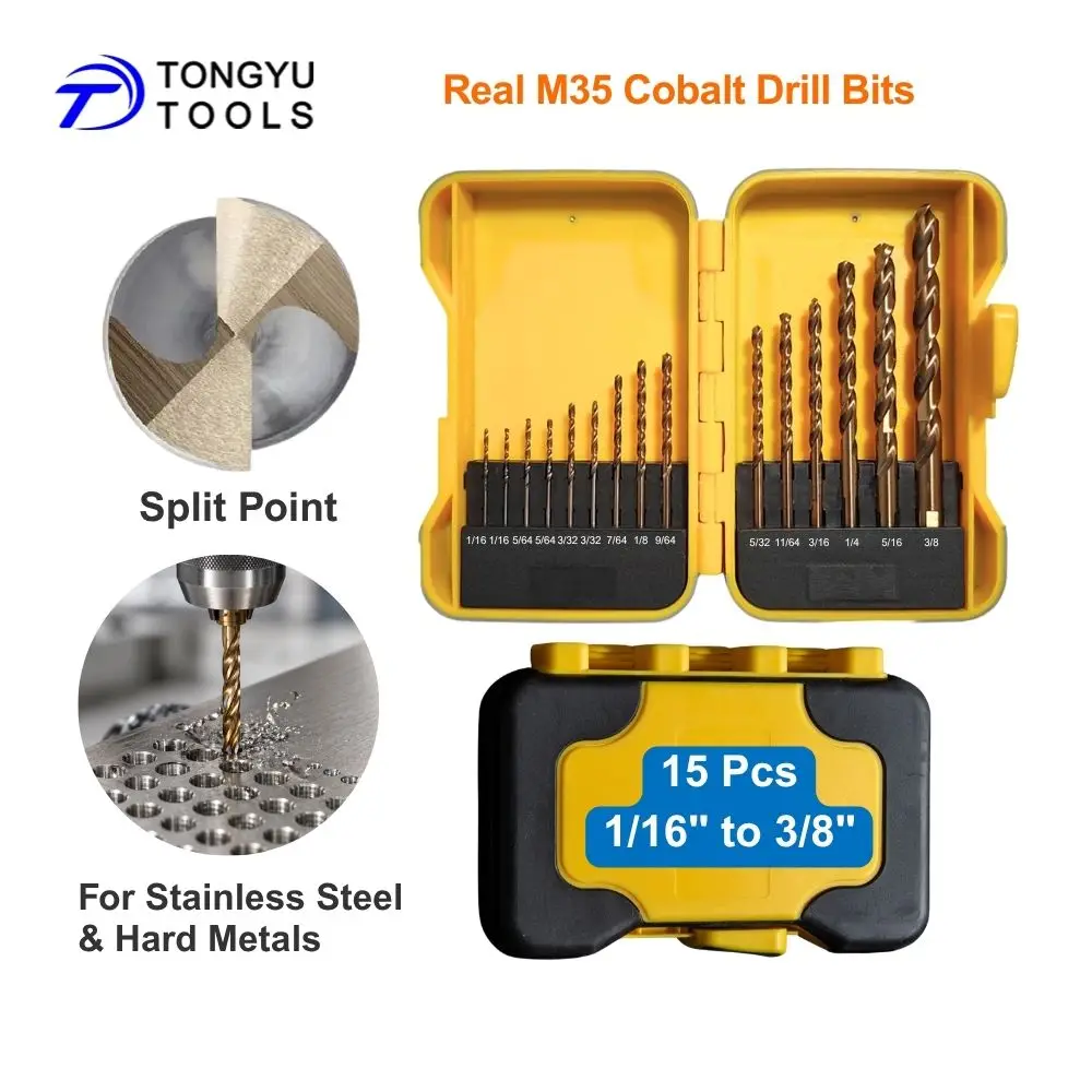 15Pcs M35 Cobalt Drill Bit Set 1/16-3/8 inch Jobber Length HSS Co5% Twist Bits for Stainless Steel Hard Metals Cast Iron
15Pcs M35 Cobalt Drill Bit Set 1/16-3/8 inch Jobber Length HSS Co5% Twist Bits for Stainless Steel Hard Metals Cast Iron