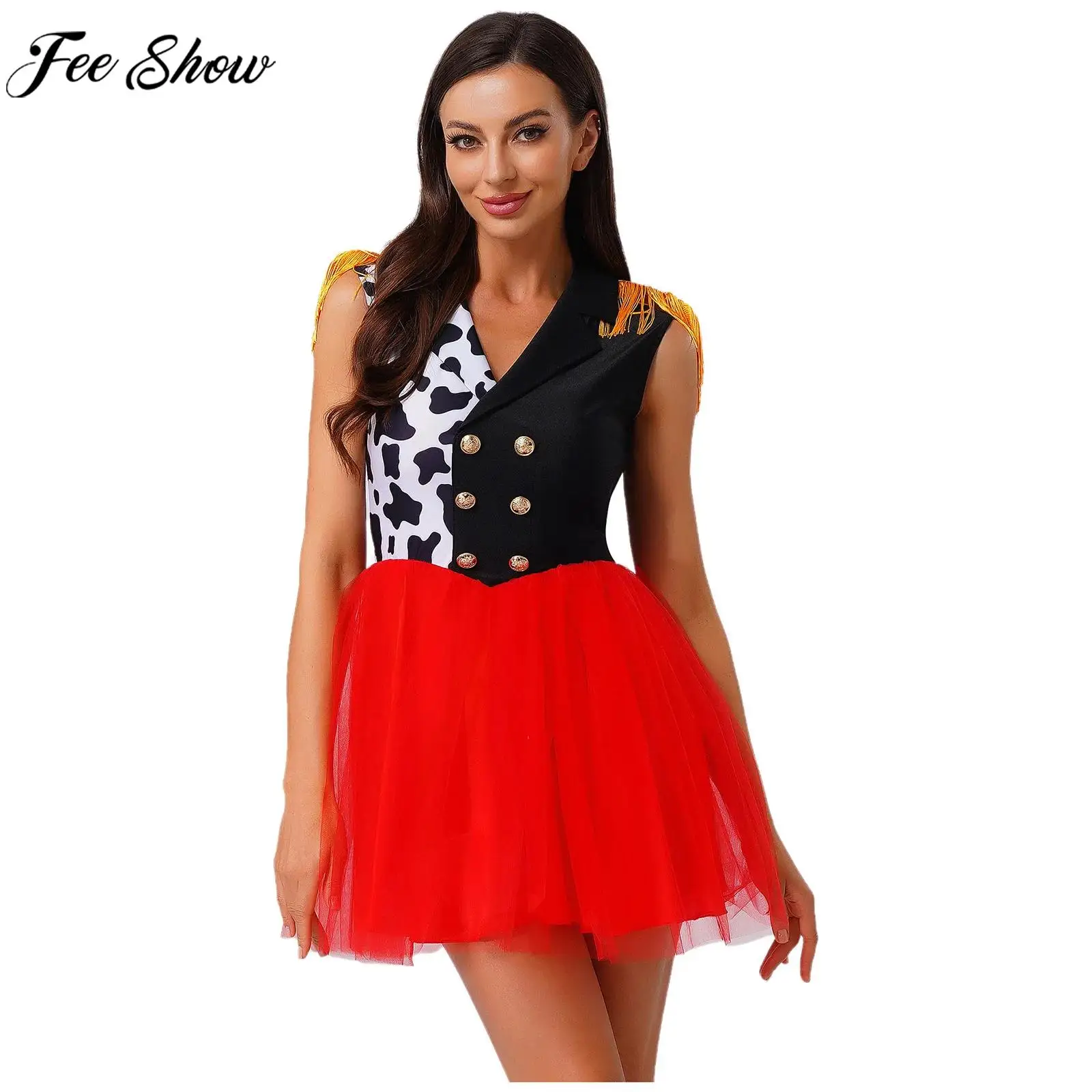 Женский карнавальный костюм на Хэллоуин, клоун-убийца, цирковой манеж, далматинский костюм для косплея, тюлевое платье без рукавов с кисточками
Женский карнавальный костюм на Хэллоуин, клоун-убийца, цирковой манеж, далматинский костюм для косплея, тюлевое платье без рукавов с кисточками