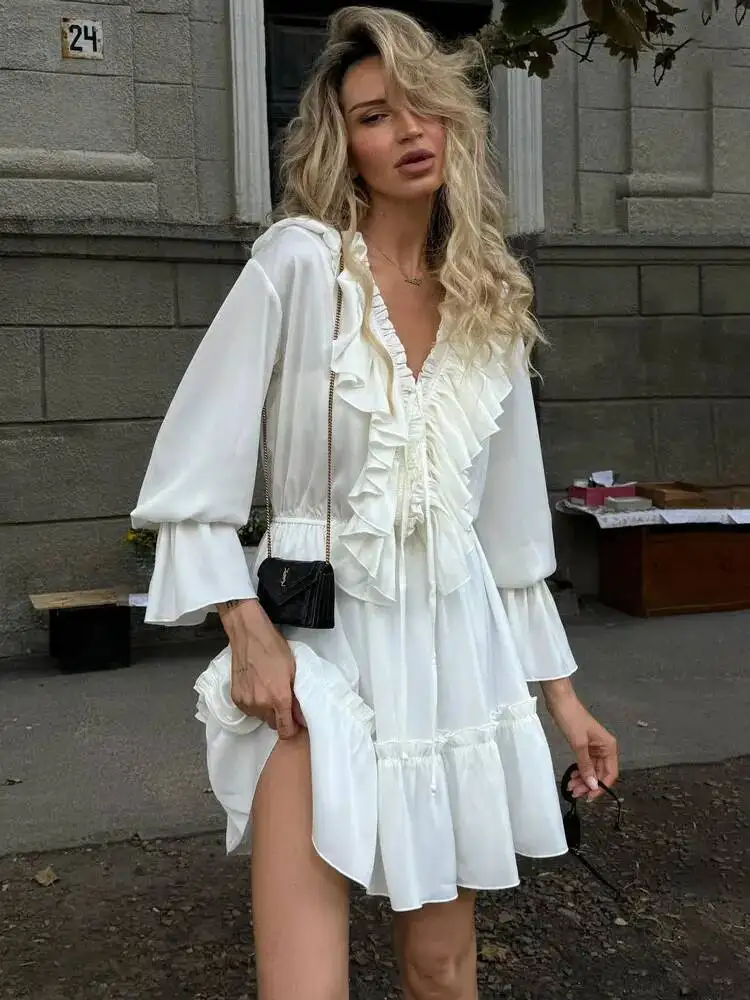 Ruffled V-Neck White Mini Female Patchwork Long Sleeve Elegant Bandage Fashion High Waist Lace-Up Women Dress
Ruffled V-Neck White Mini Female Patchwork Long Sleeve Elegant Bandage Fashion High Waist Lace-Up Women Dress
