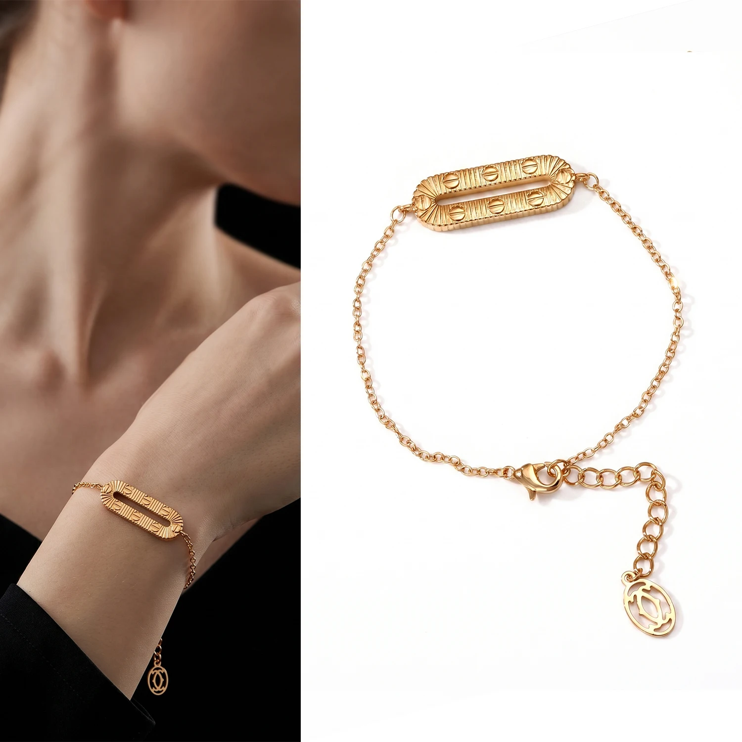 18K Gold Plated Screw Detail Bar Bracelet Adjustable Chic Minimalist Statement Jewelry for Women Dating Party Gift
18K Gold Plated Screw Detail Bar Bracelet Adjustable Chic Minimalist Statement Jewelry for Women Dating Party Gift