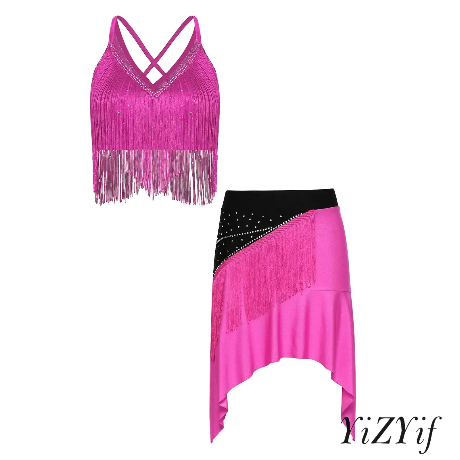 Women Latin Dance Costume V-neck Sleeveless Crisscross Back Fringe Crop Top and Irregular Hem Skirt for Cha Cha Tango Salsa
Women Latin Dance Costume V-neck Sleeveless Crisscross Back Fringe Crop Top and Irregular Hem Skirt for Cha Cha Tango Salsa