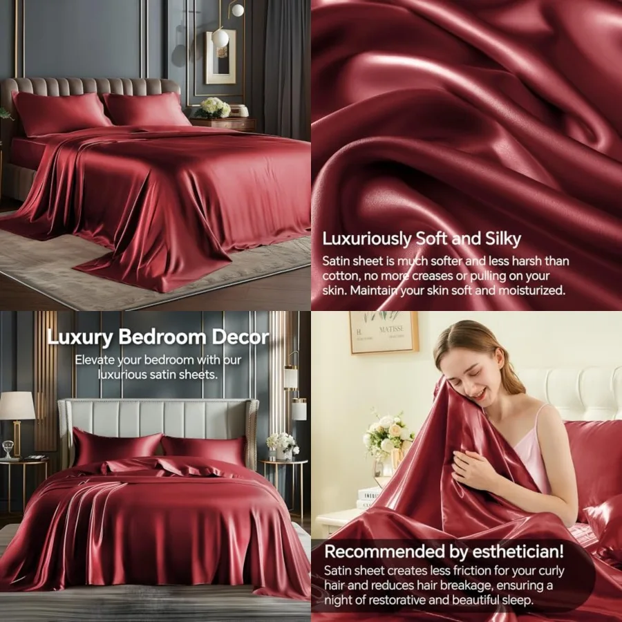 Sheets Set, Luxury Soft Satin Sheets for Hair and Skin, Similar to Silk Bed Sheets Set 4 Pieces with 1 Deep Pocket Fitted Sheet
Sheets Set, Luxury Soft Satin Sheets for Hair and Skin, Similar to Silk Bed Sheets Set 4 Pieces with 1 Deep Pocket Fitted Sheet