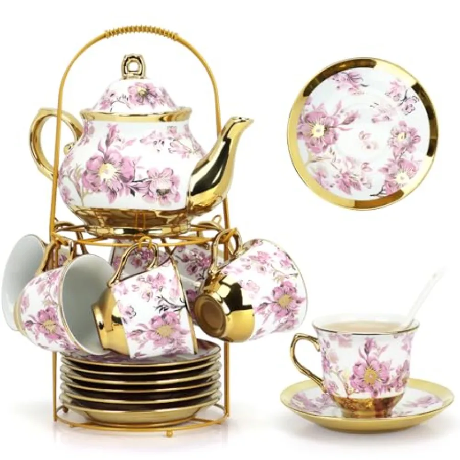 20 Pcs Porcelain Tea Set With Metal Holder, European Ceramic Tea Party Set for Adults, 700ml Teapot, Beautiful Tea Cup Gift Set
20 Pcs Porcelain Tea Set With Metal Holder, European Ceramic Tea Party Set for Adults, 700ml Teapot, Beautiful Tea Cup Gift Set