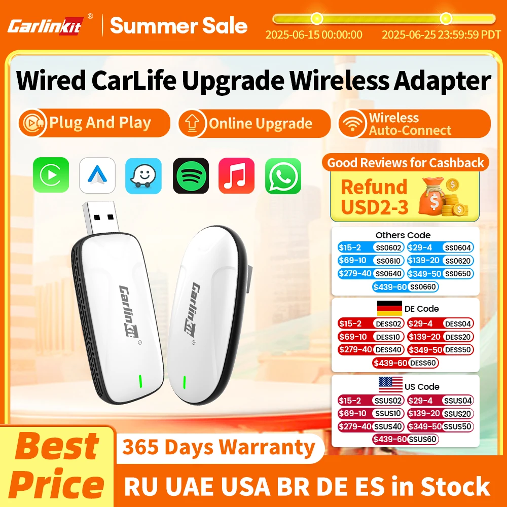 2025 Новый автомобильный USB-адаптер CarlinKit Mini CarLife для беспроводного CarPlay Android Auto Wireless Auto Connect, обновление оригинального автомобильного радио для Changan Geely и т. д.
2025 Новый автомобильный USB-адаптер CarlinKit Mini CarLife для беспроводного CarPlay Android Auto Wireless Auto Connect, обновление оригинального автомобильного радио для Changan Geely и т. д.