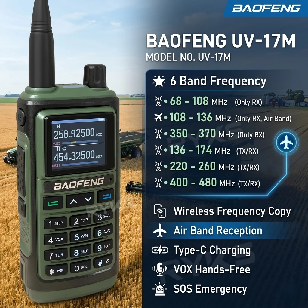 Large Mechanized Farm Work Baofeng Walkie Talkie Uv-17M 10W 5-10Km, 6-Band Air Band Two Way Radio With Type-C Wireless Copy
Large Mechanized Farm Work Baofeng Walkie Talkie Uv-17M 10W 5-10Km, 6-Band Air Band Two Way Radio With Type-C Wireless Copy