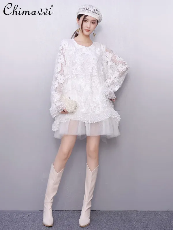 2026 Spring New Fashion Round Neck Long Sleeve Women's Lace Mesh Ruffle Hem Short Dress Loose Fit Slim Casual Vintage Dress
2026 Spring New Fashion Round Neck Long Sleeve Women's Lace Mesh Ruffle Hem Short Dress Loose Fit Slim Casual Vintage Dress