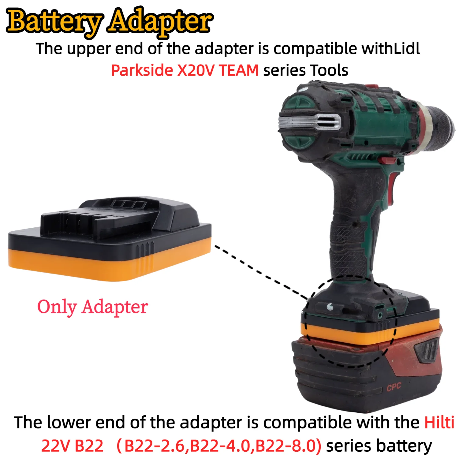 Battery Adapter/Converter for Hilti 22V B22(B22-2.6,B22-4.0,B22-8.0) Li-ion Battery TO Parkside X20V TEAM Tools(Only Adapter)
Battery Adapter/Converter for Hilti 22V B22(B22-2.6,B22-4.0,B22-8.0) Li-ion Battery TO Parkside X20V TEAM Tools(Only Adapter)