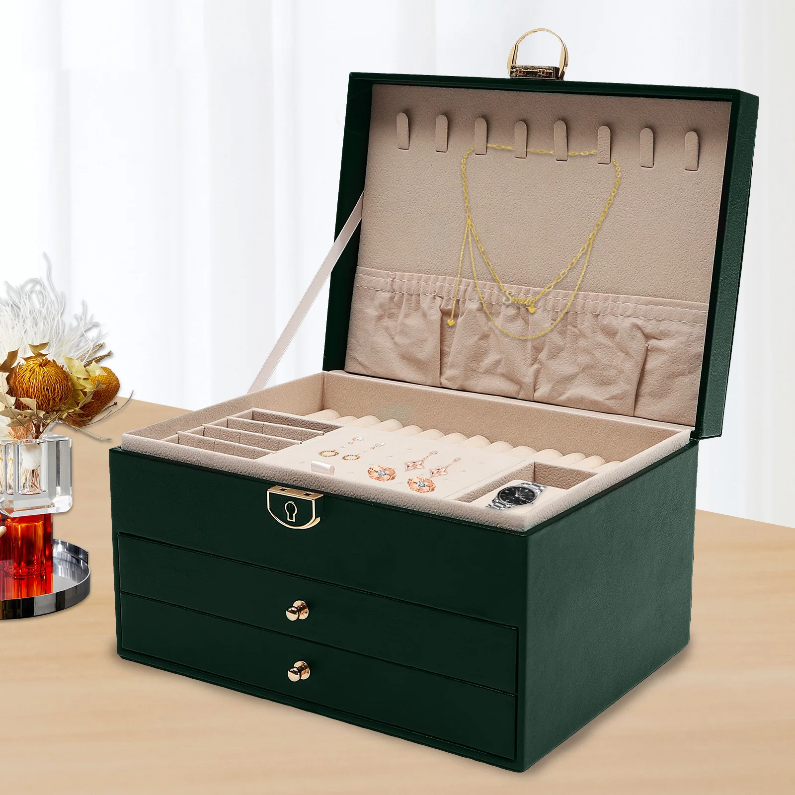 (Green) 3-Tier Jewelry Organizer Watch Holder Display Case with Drawer, PU Watch Storage Box Jewelry Box Glasses Box
(Green) 3-Tier Jewelry Organizer Watch Holder Display Case with Drawer, PU Watch Storage Box Jewelry Box Glasses Box