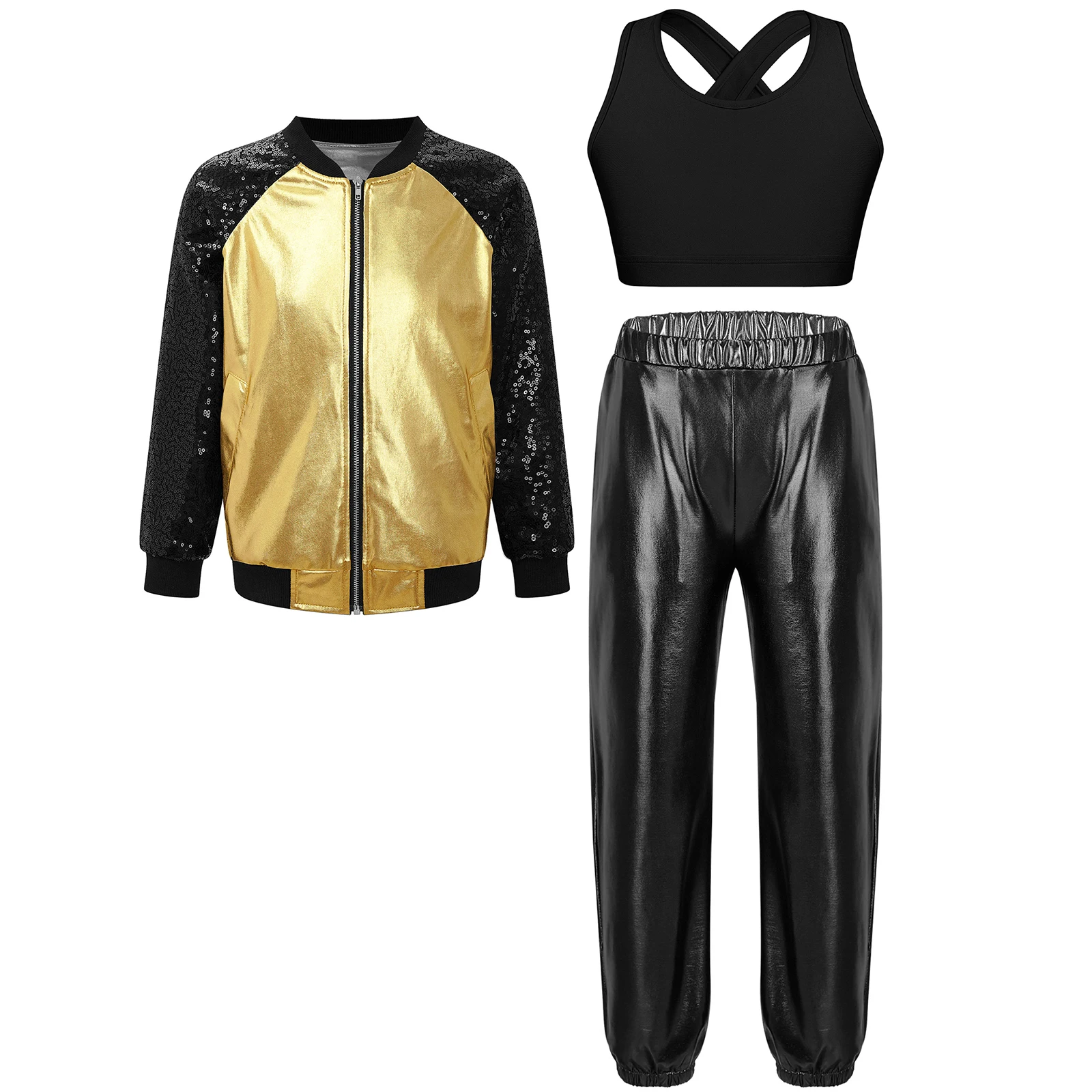 Kids Girls Hip Hop Dancing Vest with Sequins Long Sleeve Jacket And Metallic Pants for Hip Hop Street Dance Performance Costume
Kids Girls Hip Hop Dancing Vest with Sequins Long Sleeve Jacket And Metallic Pants for Hip Hop Street Dance Performance Costume