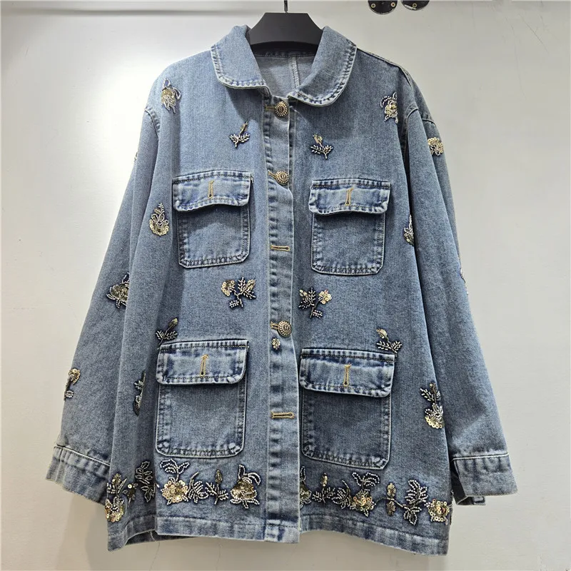 SuperAen 2026 Spring New Korean Style Fashion Loose Denim Coats for Women Floral Embroidery Sequin Design Pockets Casual Jackets
SuperAen 2026 Spring New Korean Style Fashion Loose Denim Coats for Women Floral Embroidery Sequin Design Pockets Casual Jackets