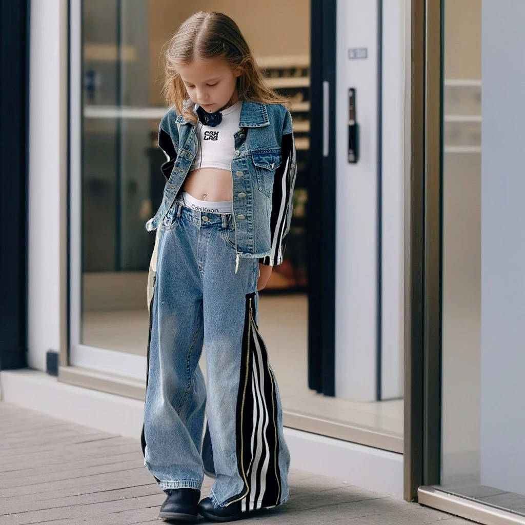 Autumn Girls Denim Set Trendy Striped Jacket Wide-Leg Jeans Two-Piece Teen School Children Costumes Casual Daily Kids Outfits
Autumn Girls Denim Set Trendy Striped Jacket Wide-Leg Jeans Two-Piece Teen School Children Costumes Casual Daily Kids Outfits