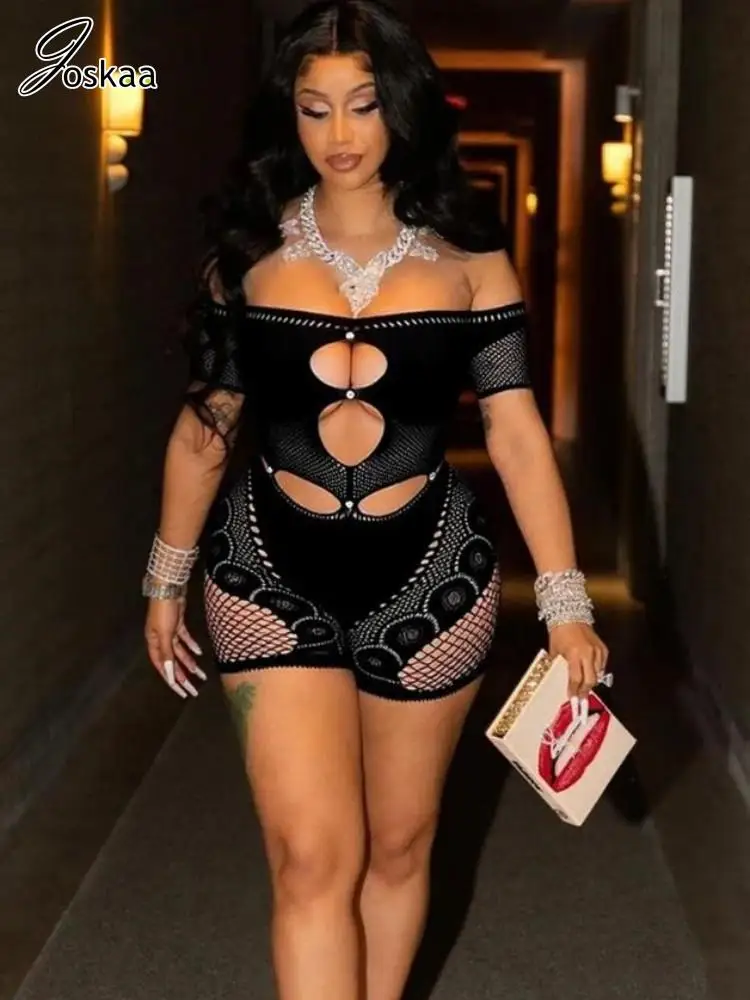 Joskaa 2025 Women's Patchwork Hollow Diamond Black Playsuits Sexy Slash Neck Short Sleeve Skinny Rompers Midnight Club Outfits
Joskaa 2025 Women's Patchwork Hollow Diamond Black Playsuits Sexy Slash Neck Short Sleeve Skinny Rompers Midnight Club Outfits