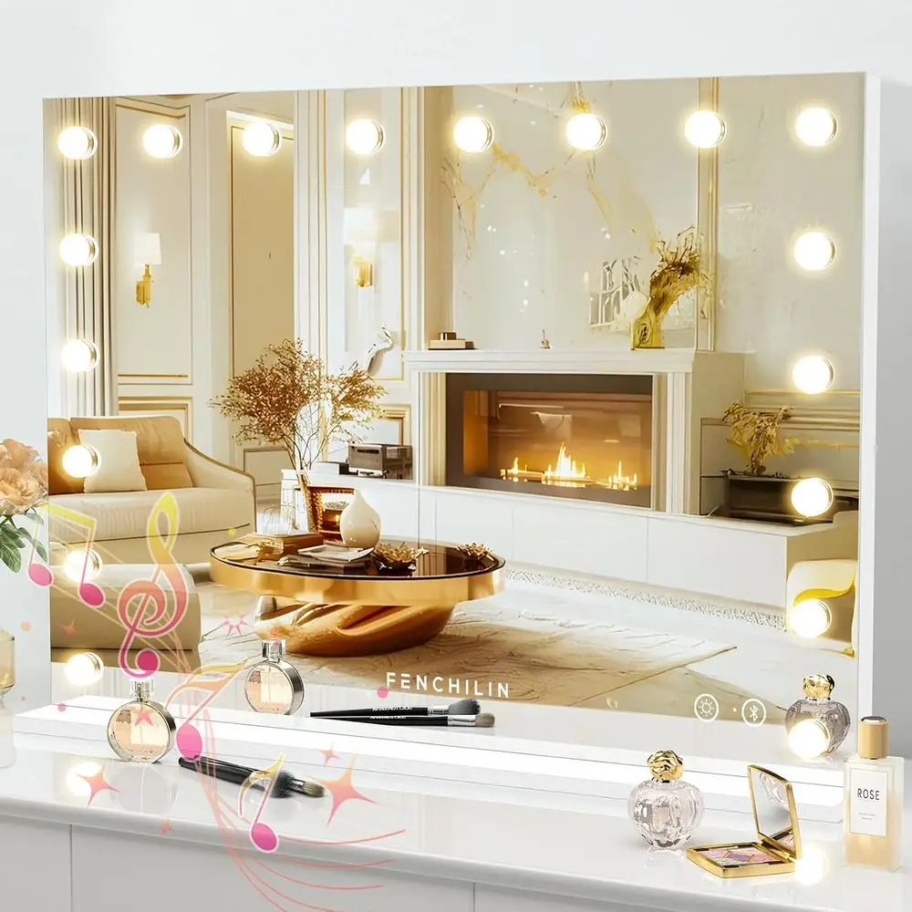 Vanity Mirror with Lights 32''x23'' Tempered Glass Large Mirror with 18 Dimmable Bulbs or Makeup Table/Hanging Bluetooth Speaker
Vanity Mirror with Lights 32''x23'' Tempered Glass Large Mirror with 18 Dimmable Bulbs or Makeup Table/Hanging Bluetooth Speaker