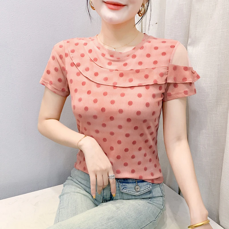 Korean Round Neck Polka Dot T Shirt For Women Summer Short Sleeve Mesh Tops Slim Ruffles Casual Shirt
Korean Round Neck Polka Dot T Shirt For Women Summer Short Sleeve Mesh Tops Slim Ruffles Casual Shirt