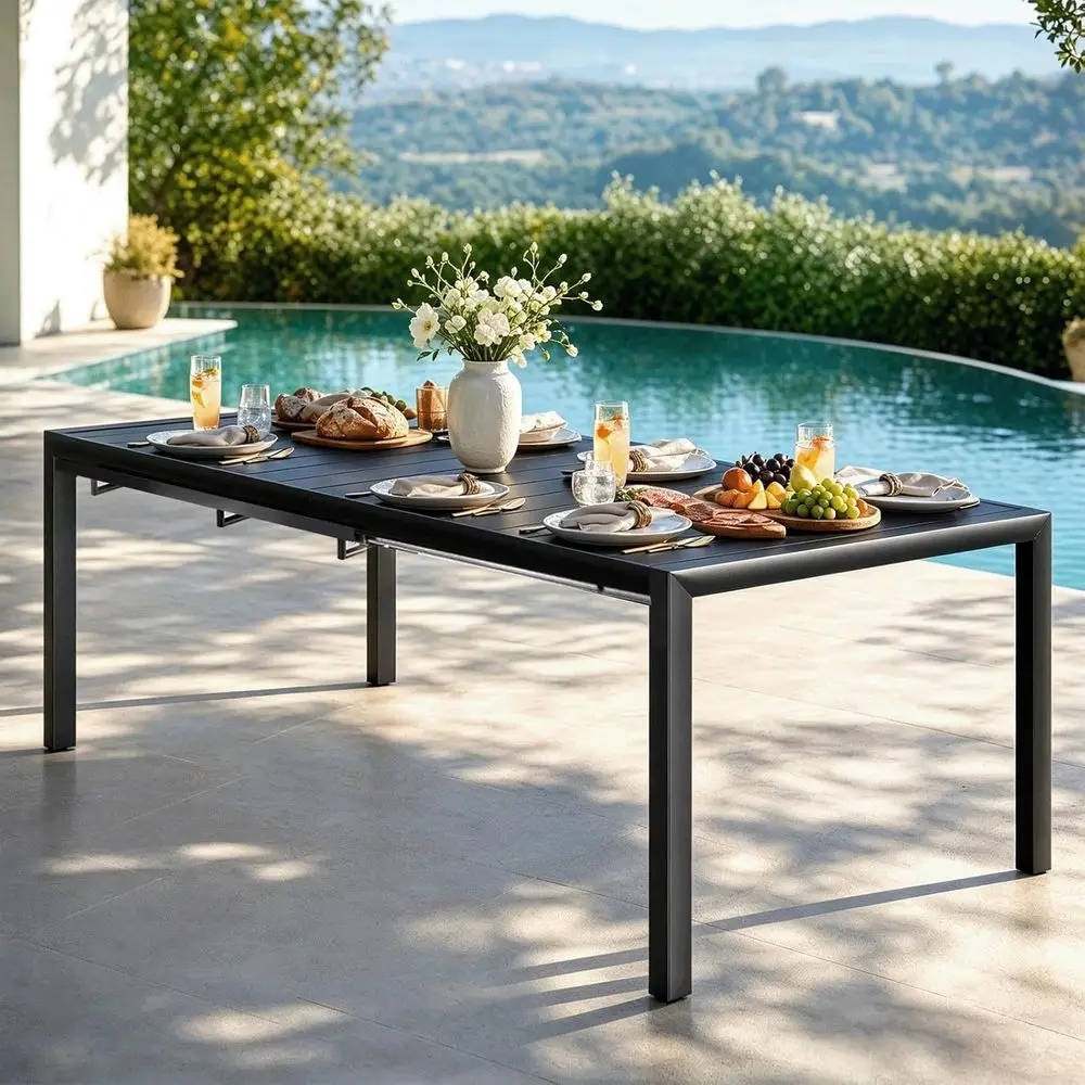 78.8 Expandable Outdoor Dining Table for 8, 500LBS Capacity, Powder-Coated Black Metal Patio Table
78.8 Expandable Outdoor Dining Table for 8, 500LBS Capacity, Powder-Coated Black Metal Patio Table