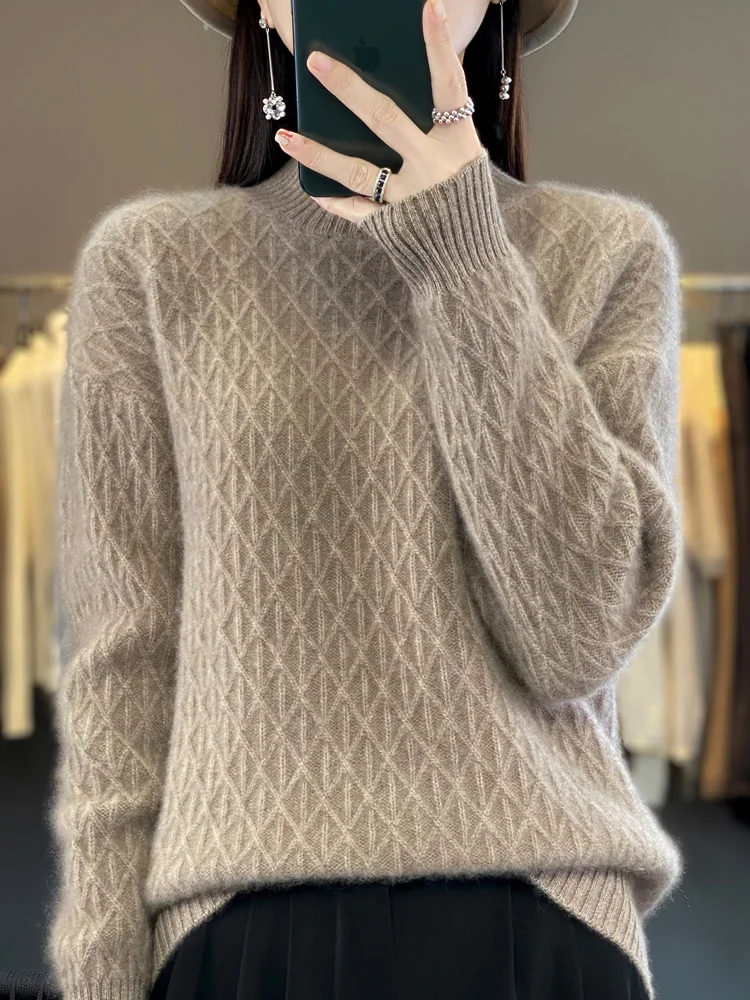 Autumn Winter Women Mock Neck Diamond Lattice Pullover Thickening Sweater 100% Merino Wool Clothing Cashmere Knitwear Female Top
Autumn Winter Women Mock Neck Diamond Lattice Pullover Thickening Sweater 100% Merino Wool Clothing Cashmere Knitwear Female Top