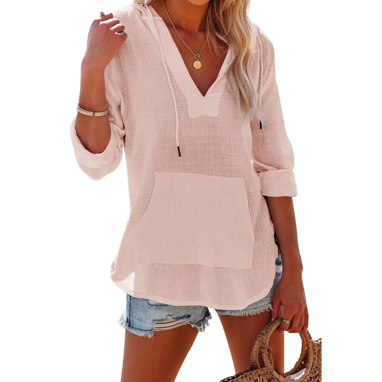 Fashion Hooded Lace-up Long Sleeve Shirt Women Solid Color Summer V-neck Pocket Top For Women 2025
Fashion Hooded Lace-up Long Sleeve Shirt Women Solid Color Summer V-neck Pocket Top For Women 2025