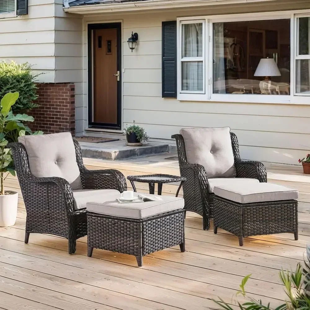 5-Piece Outdoor Wicker Patio Furniture Set with Chairs, Ottomans, and Side Table for Garden, Deck, or Poolside
5-Piece Outdoor Wicker Patio Furniture Set with Chairs, Ottomans, and Side Table for Garden, Deck, or Poolside