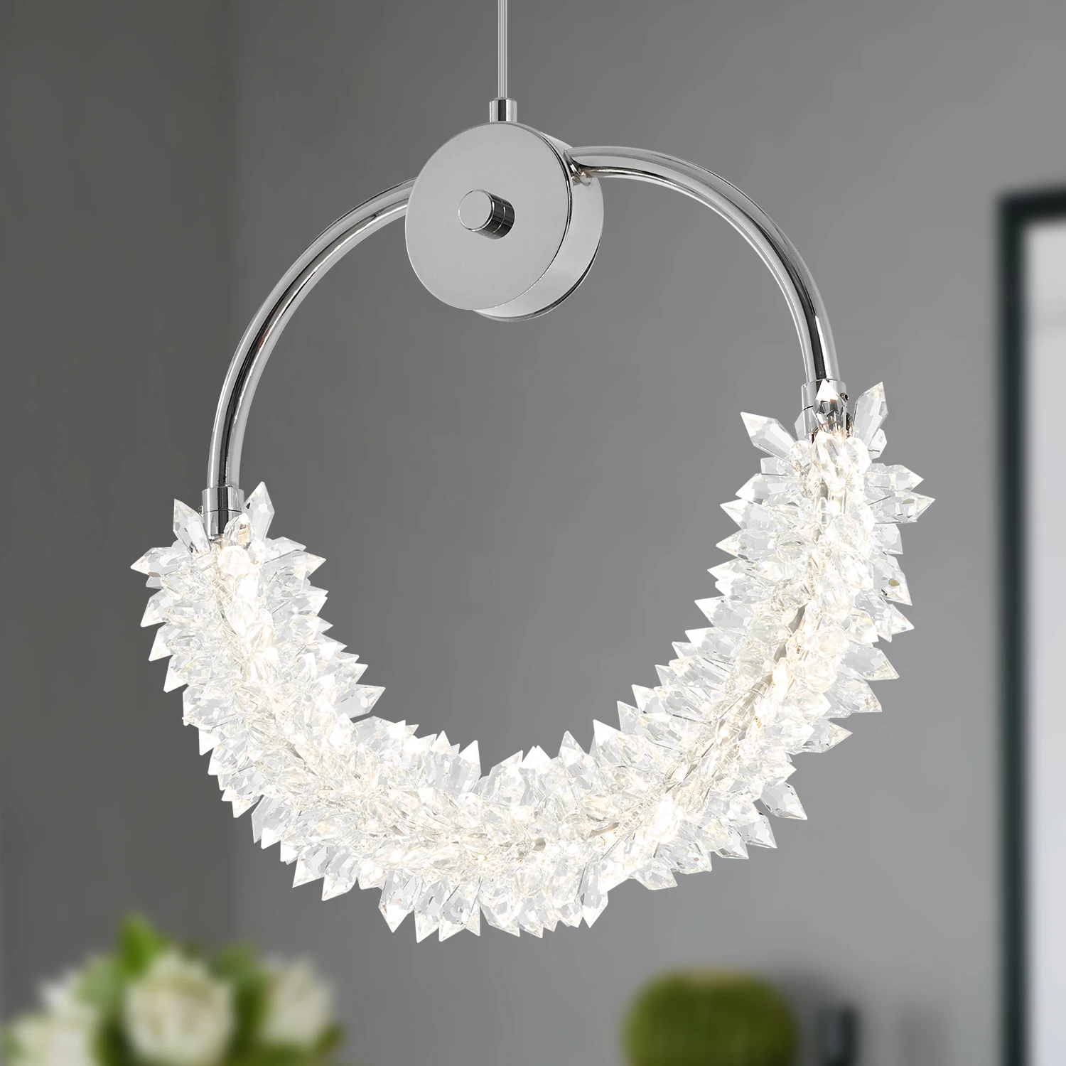 Modern Crystal Pendant Light Fixture, LED Ring Chandelier with Adjustable Height, Elegant Chrome Finish and Clear Crystal Design
Modern Crystal Pendant Light Fixture, LED Ring Chandelier with Adjustable Height, Elegant Chrome Finish and Clear Crystal Design