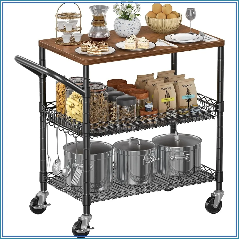 650Lbs Capacity 3-Tier Rolling Kitchen Cart with Wood Top, 8 Hooks, Lockable Wheels, Black
650Lbs Capacity 3-Tier Rolling Kitchen Cart with Wood Top, 8 Hooks, Lockable Wheels, Black